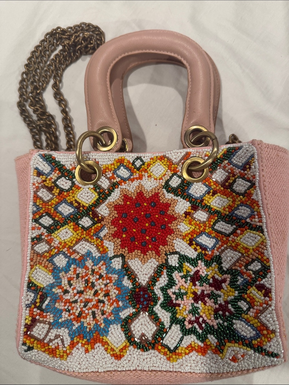 Pink Beaded Mosaic Mini Tote - Decorative Seed Bead Detail